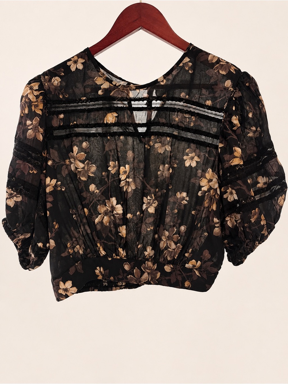 All Saints Black Floral Sheer Puff-Sleeve Blouse